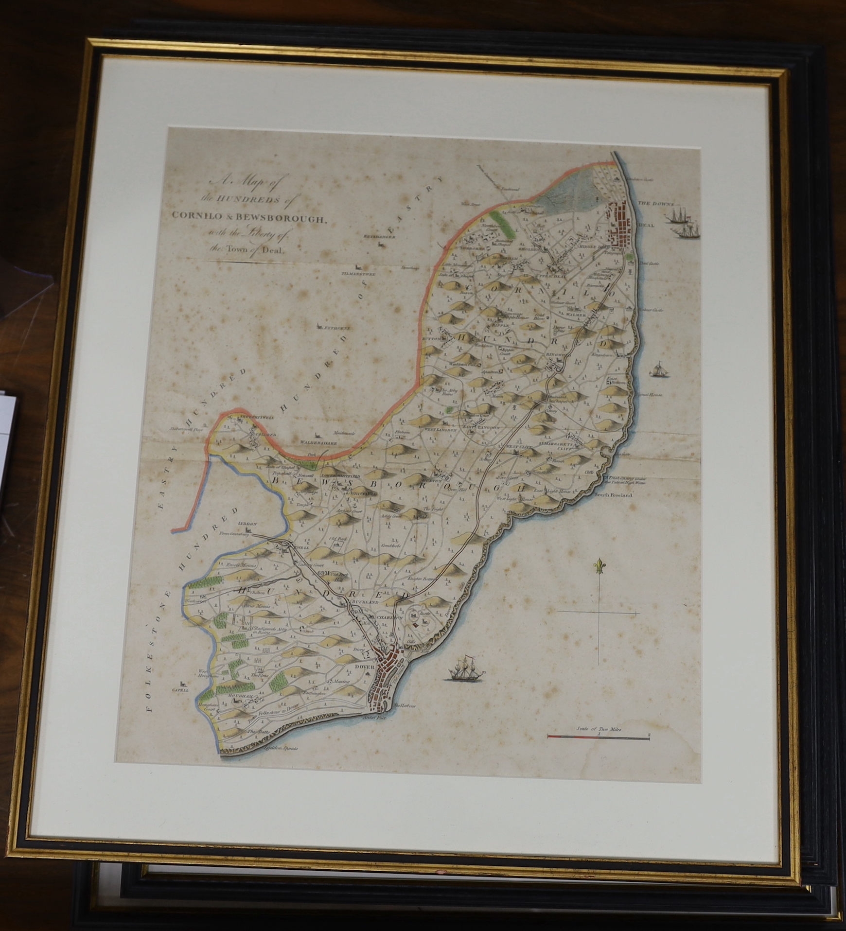 Four 18th / 19th century Map’s of the Hundreds including ‘Loningborough & Folkestone’ together with ‘The Road from London to Dover’, by John Ogilby (1600-1676), largest 50 x 39cm